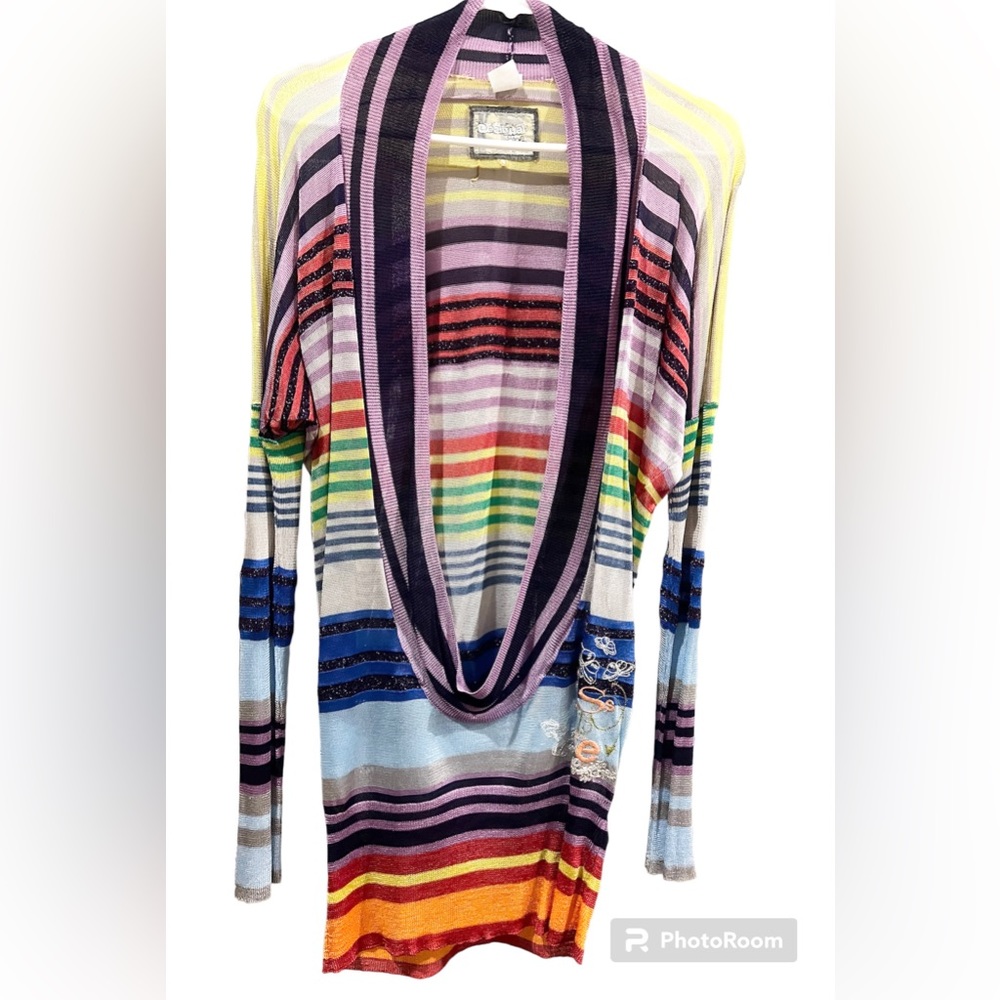 Desigual Womens Top Medium Blouse Knit Deep Open Plunge Striped Long Sleeve